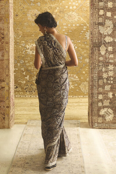 Zansi Ajrakh Hand-block Printed Silk Saree - Black